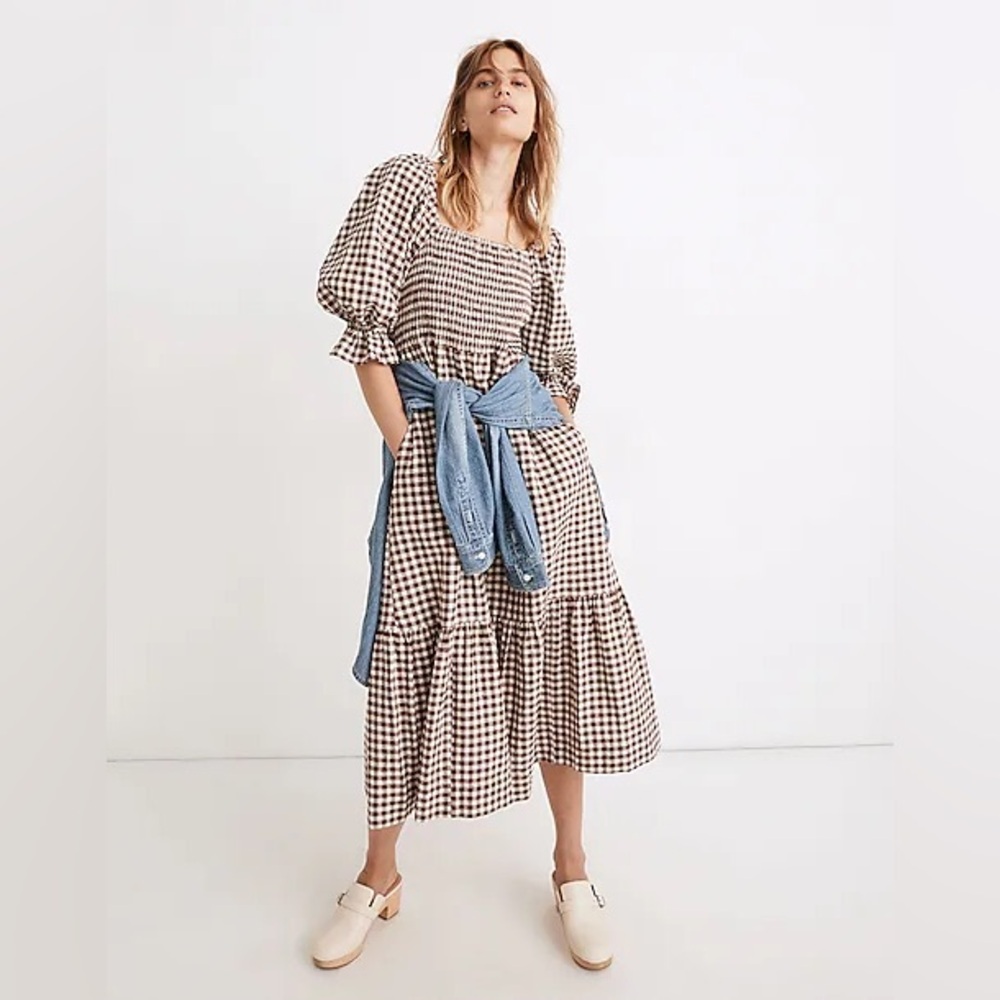 Madewell Lucie Elbow Sleeved Smocked Midi Dress in Gingham